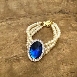 Large Multi Strand Faux Pearl and Blue Stone Costume Fashion Bracelet